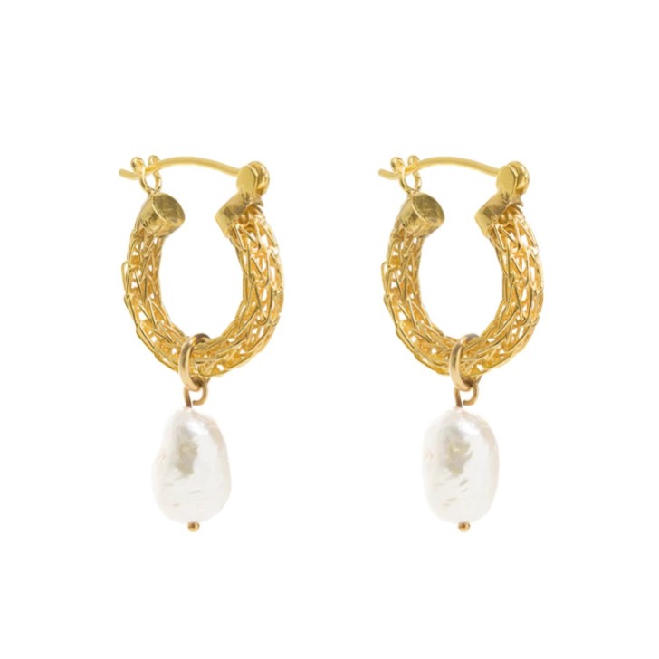 Freya Rose Pendientes de aro mini con trenzado dorado y perlas barrocas