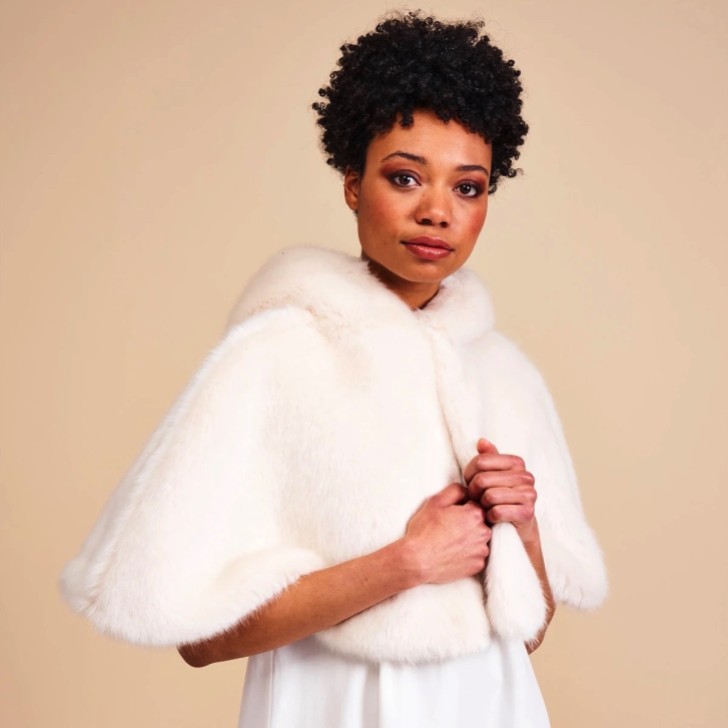 Helen Moore Ivory Faux Fur Short Hooded Bridal Cape