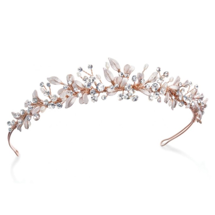 Ivory and Co Tiara de noiva com folhas esmaltadas em ouro rosa e cristais