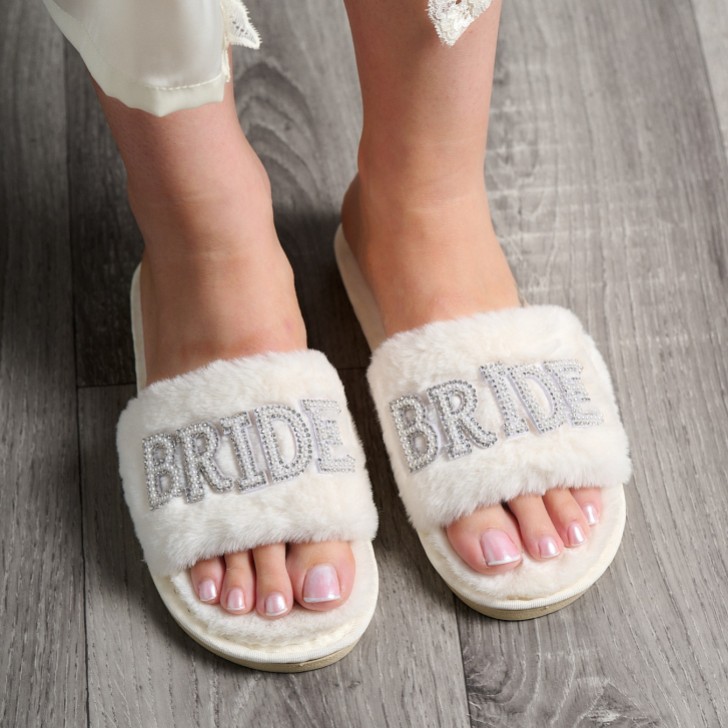 Ivory Faux Fur Diamante Bride Slippers