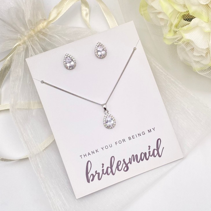 Juego de pendientes de cristal plateado «Gracias por ser mi dama de honor»