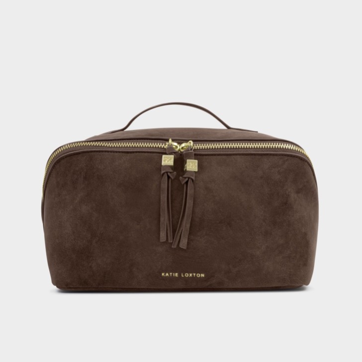 Katie Loxton Bolsa de maquilhagem e higiene pessoal Soho Grande em imitação de camurça castanha