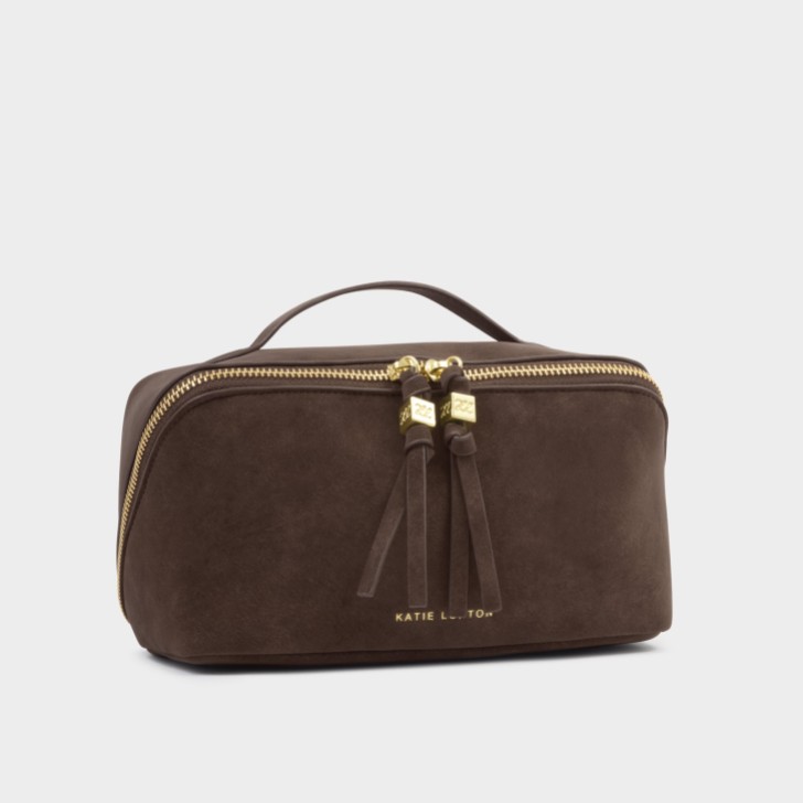 Katie Loxton Borsa da trucco e da toilette Soho in ecopelle scamosciata color cioccolato, misura media