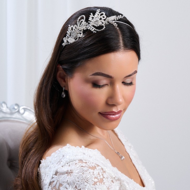 Leona Vintage Inspired Silver Lace and Crystal Side Headpiece