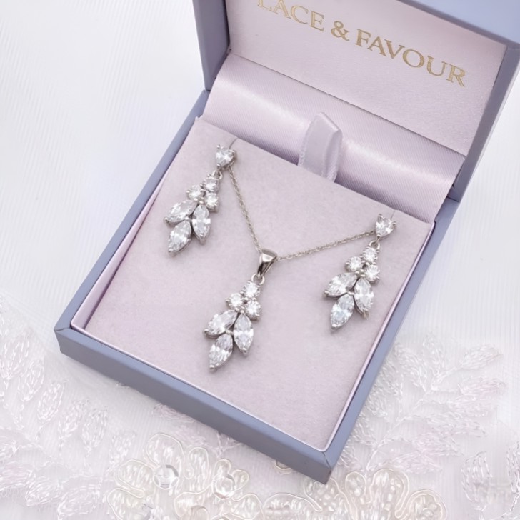 Lila Silver Dainty Cubic Zirconia Drop Bridal Jewellery Set