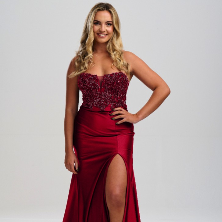 Linzi Jay Burgundy Strapless Beaded Corset Prom Dress with Slit