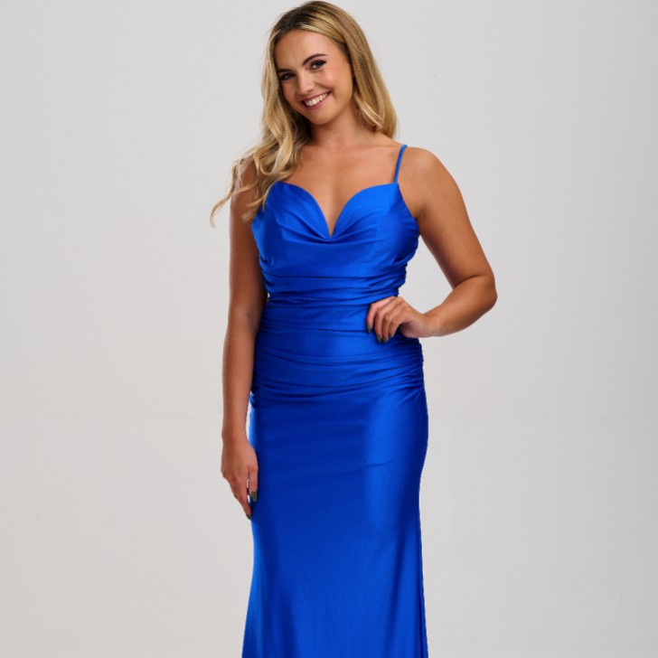 Linzi Jay Plunge Neck Ruched Open Back Prom Kleid mit Schleppe