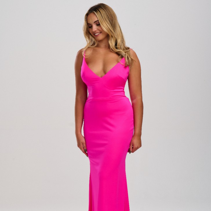 Linzi Jay V-Ausschnitt Stretch Satin Korsett Ballkleid mit Schleppe