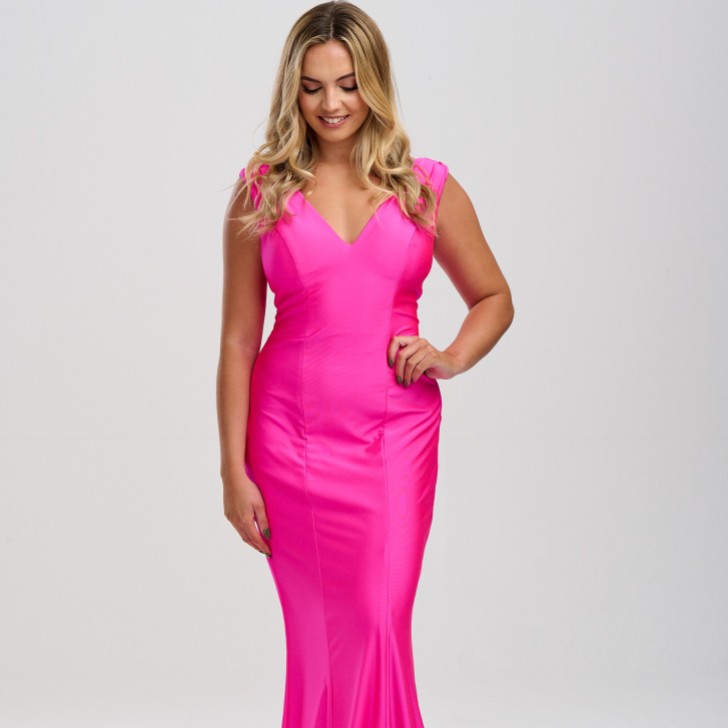 Linzi Jay V Neck Satin Jersey Fitted Prom Dress