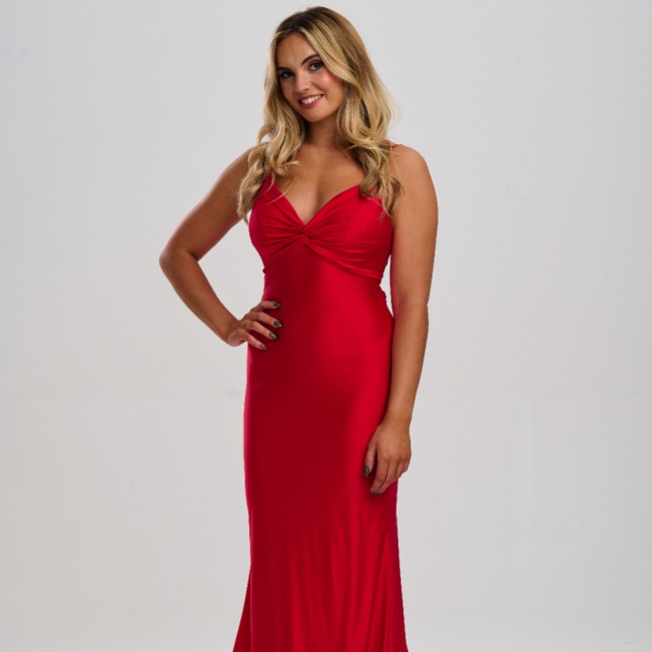Linzi Jay Vestido de baile estilo sereia com franzido na frente, laço nas costas e cauda