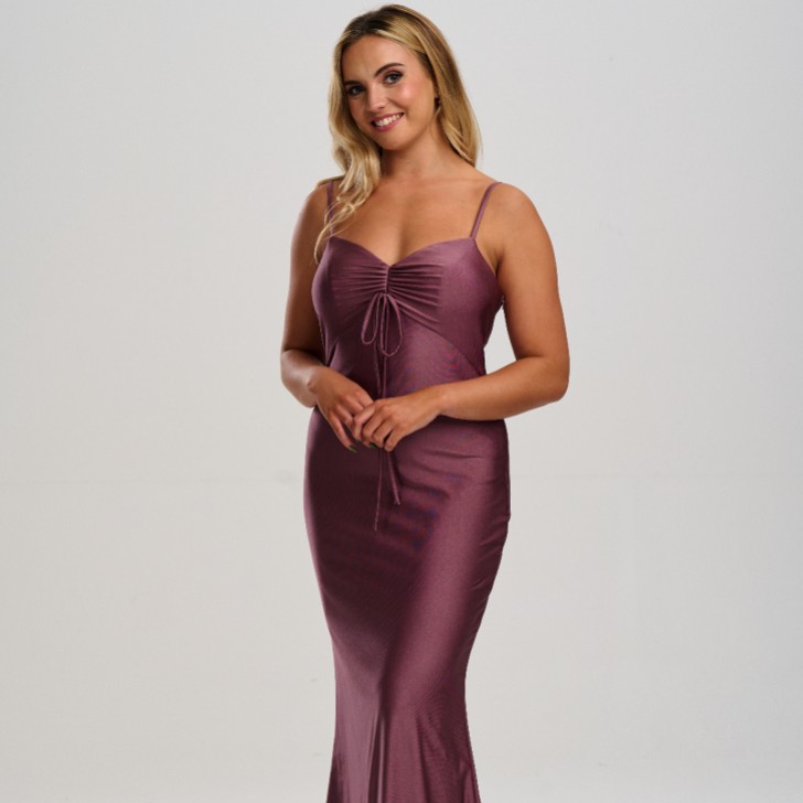 Linzi Jay Vestido de baile justo em cetim elástico com laço à frente