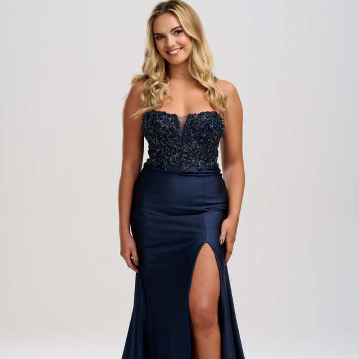 Linzi Jay Vestido de fiesta azul marino sin tirantes, con pedrería y corte en la falda