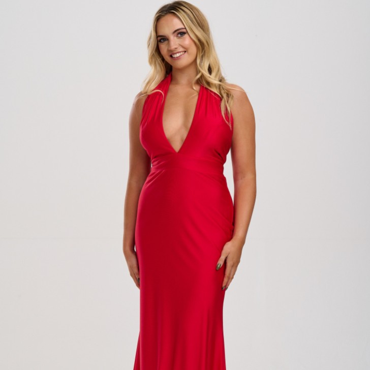 Linzi Jay Vestido de fiesta de satén elástico con cuello halter y cola