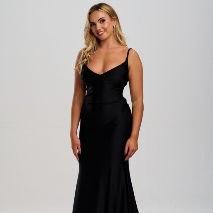 Linzi Jay Vestido de gala de corte sirena ajustado con lazo en la espalda y cola