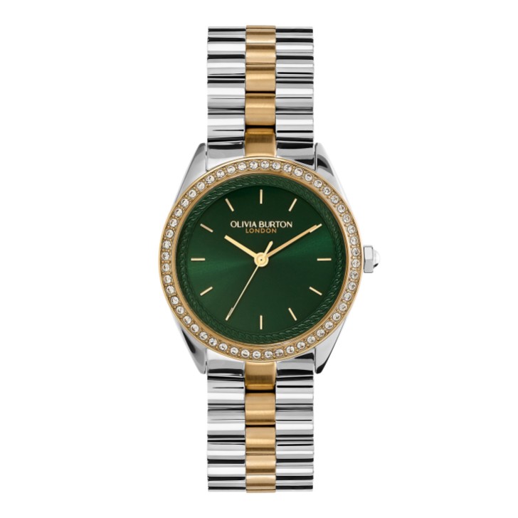 Olivia Burton Relógio de pulso com pulseira em verde floresta e dois tons, com pedras incrustadas, de 34 mm