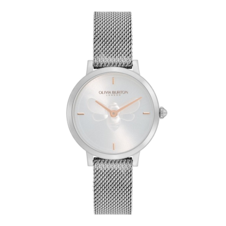 Olivia Burton Reloj Bee de 28 mm, ultrafino, con malla en blanco metalizado y plateado