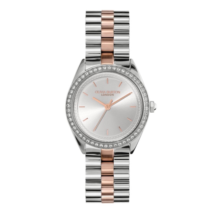 Olivia Burton Reloj con pulsera de 34 mm en plata y dos tonos, con incrustaciones de piedras preciosas