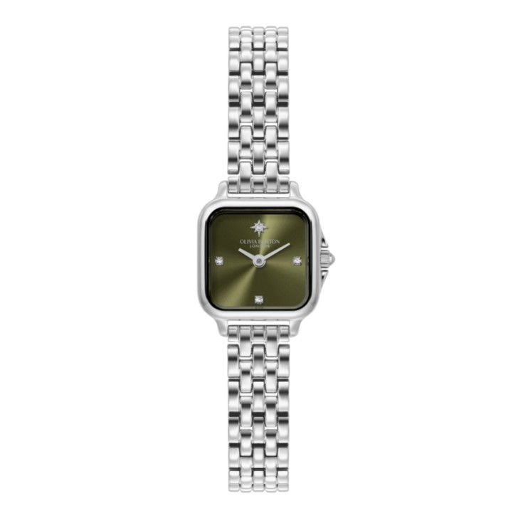 Olivia Burton Reloj de pulsera Mini Grosvenor de 20 mm en verde salvia y plata