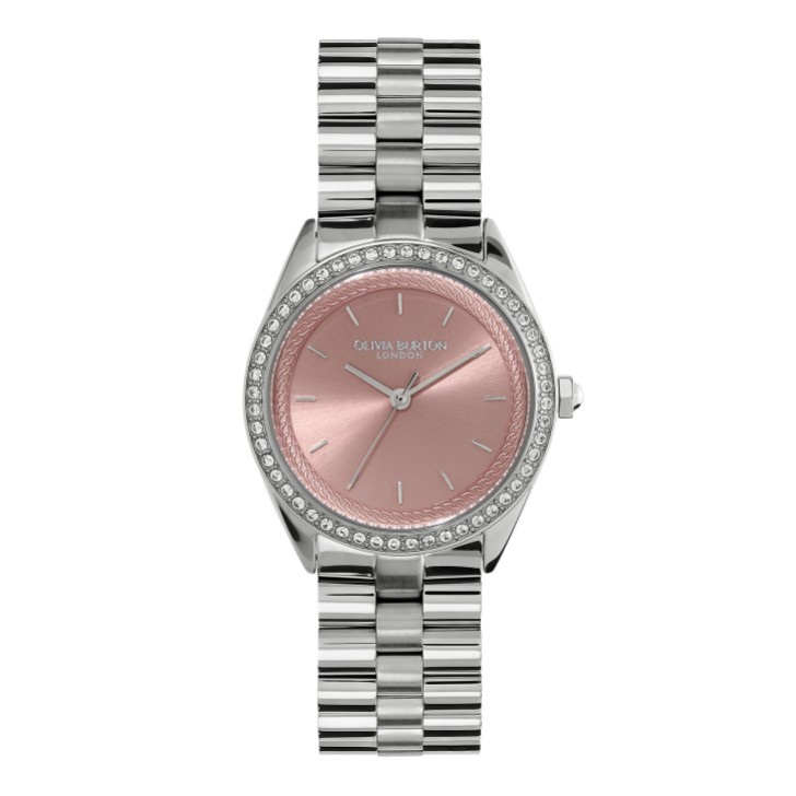 Olivia Burton Zegarek na bransoletce z kamieniami szlachetnymi, 34 mm, w kolorze łagodnego różu i srebra