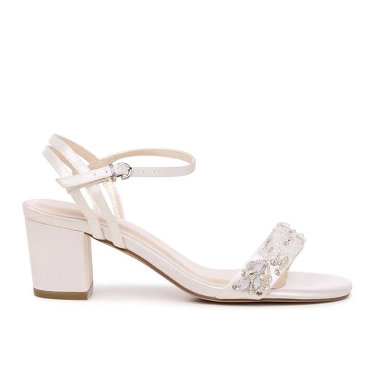 Paradox London Adorn Ivory Satin Jewelled Wide Fit Block Strap Sandals