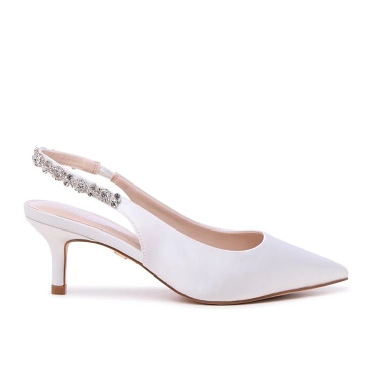 Paradox London Angelique Ivory Satin and Jewelled Kitten Heel Court Shoes