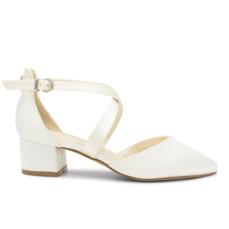 Paradox London Blanche Dyeable Ivory Satin Wide Fit Cross Strap Low Block Heels