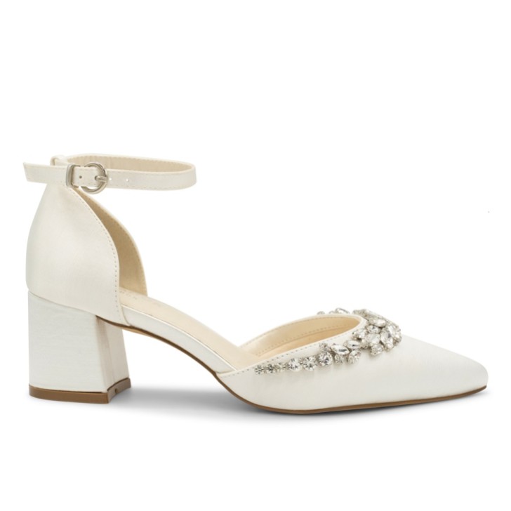 Paradox London Cinta Dyeable Ivory Satin Crystal Block Heel Ankle Strap Shoes