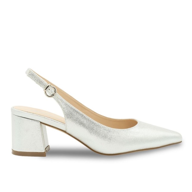 Paradox London Flynn Silber Schimmer Breite Passform Niedriger Blockabsatz Slingbacks