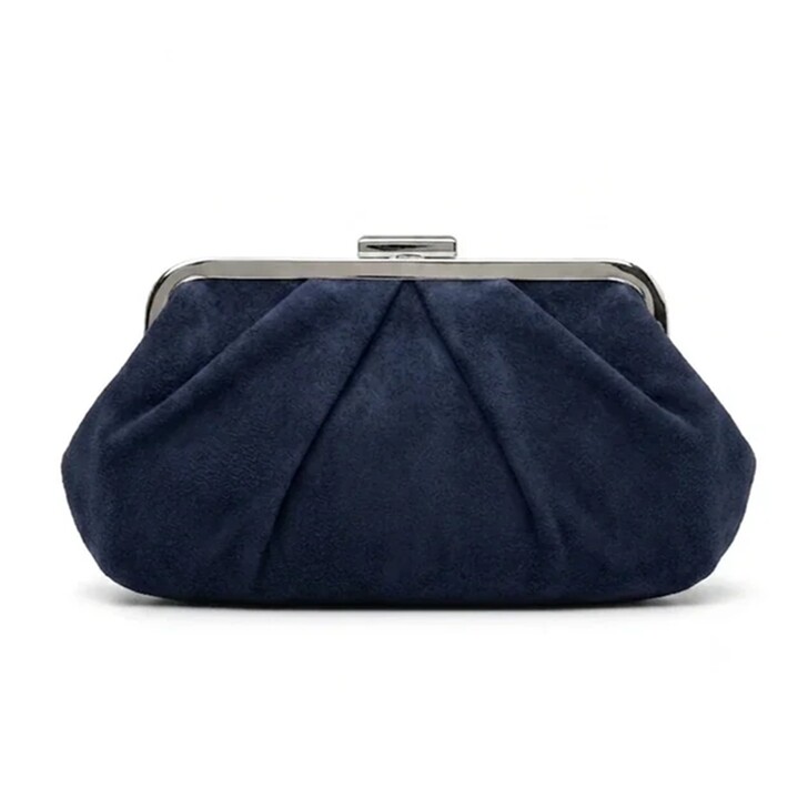 Paradox London Pochette plissettata in pelle scamosciata blu navy stile Deco