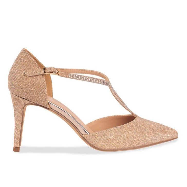 Paradox London Remi Champagner Glitter Diamante T-Bar Gericht Schuhe