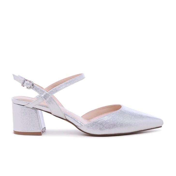 Paradox London Sapatos Gloriette com salto em bloco, tiras largas e brilho prateado