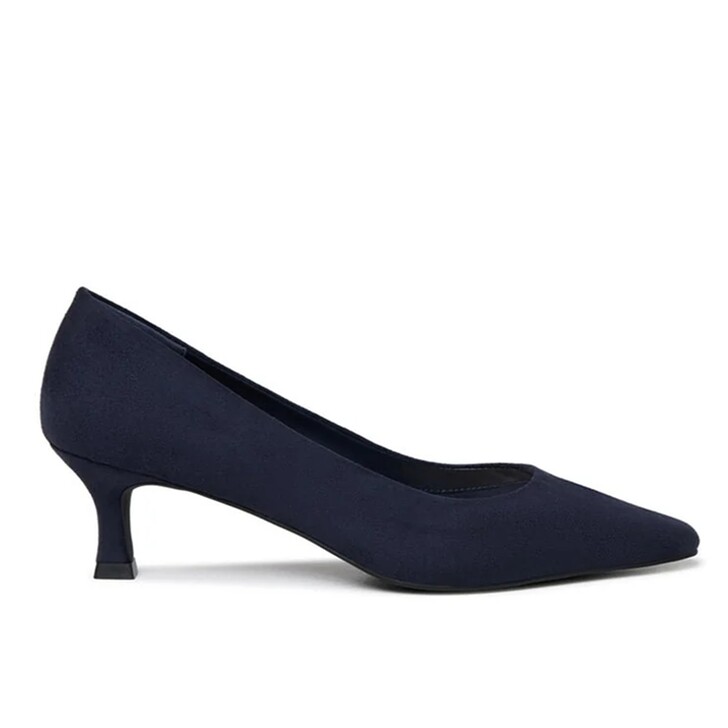 Paradox London Tova Navy Suede Flared Low Heel Court Shoes
