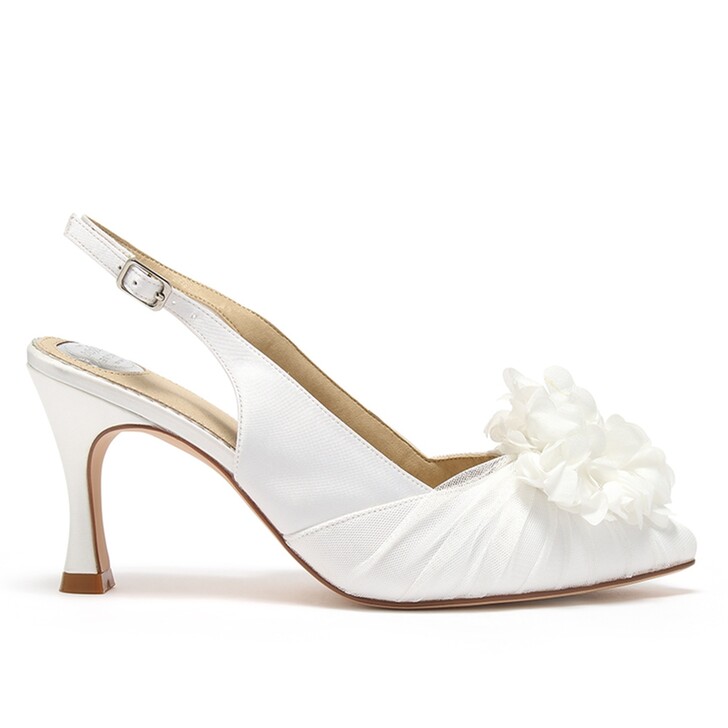Perfect Bridal Audrey – Slingback-Schuhe aus Elfenbeinsatin mit 3D-Tüll
