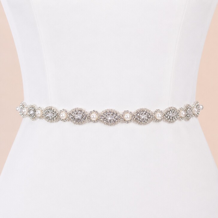 Perfect Bridal Beautiful Slim Pearl and Silver Diamante Bridal Belt