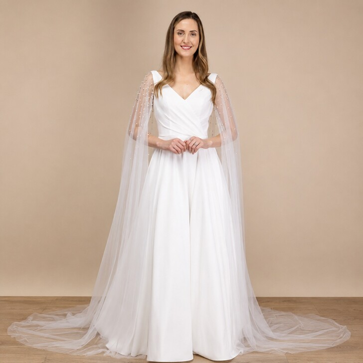 Perfect Bridal Capas para os braços em tule cor de marfim com pérolas espalhadas
