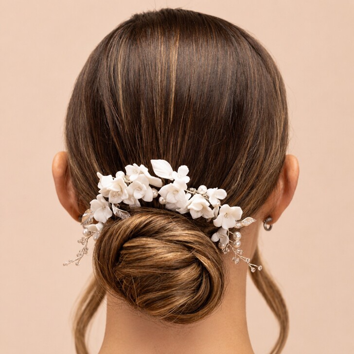 Perfect Bridal Conjunto de 2 pentes de cabelo em porcelana cor de marfim com flores e folhas prateadas