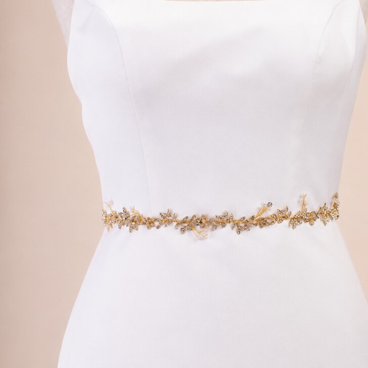Perfect Bridal Delicate Gold Leaf Crystal and Pearl Bridal Belt