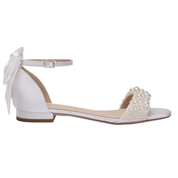 Perfect Bridal Delilah Ivory Satin Pearl Flat Sandals with Bow