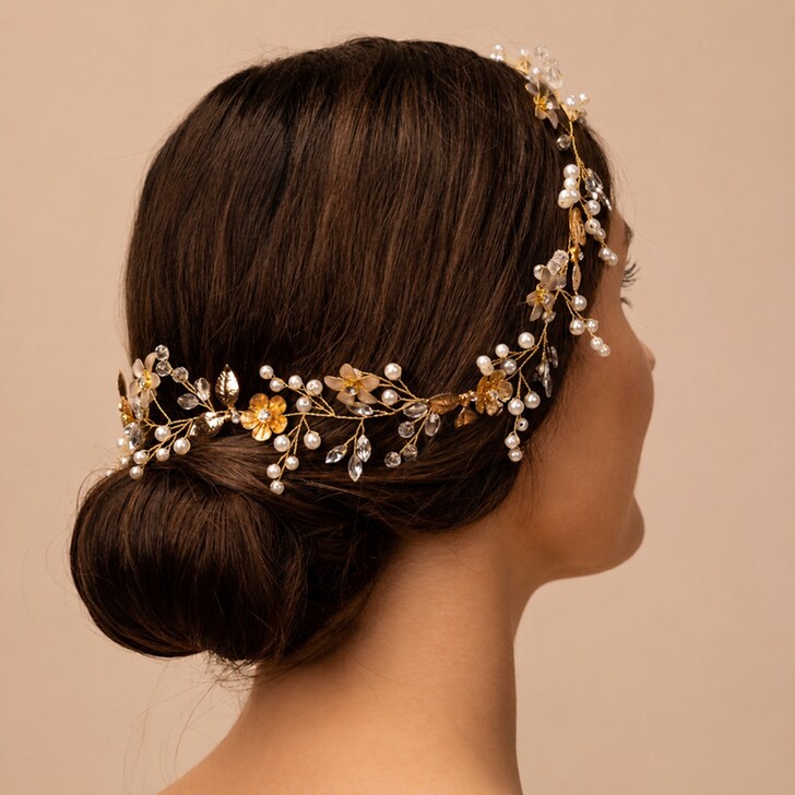 Perfect Bridal Diadema nupcial de cristal transparente con hojas y perlas doradas