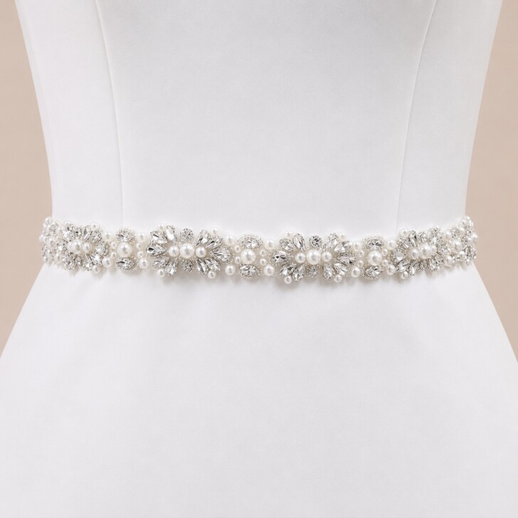 Perfect Bridal Elegant Ivory Satin, Crystal and Pearl Bridal Belt