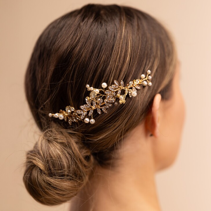Perfect Bridal Gold Crystal Embellished Leaf Design Bridal Hair Comb