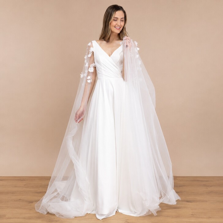 Perfect Bridal Ivory 3D Chiffon Flowers, Lace and Pearl Sleeves