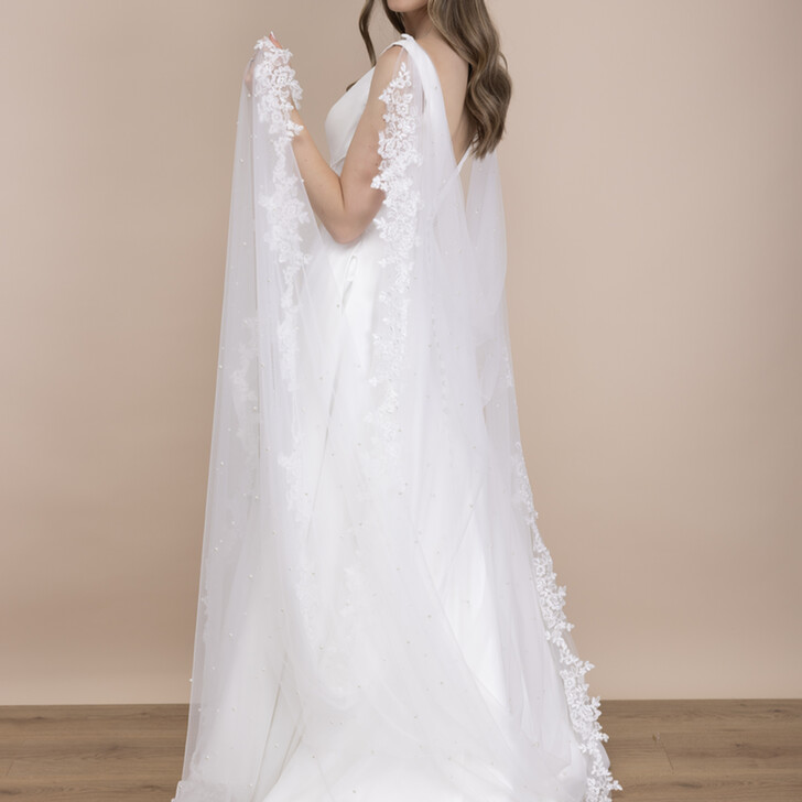 Perfect Bridal Ivory Lace and Pearl Cowl Drape Back Cathedral Veil