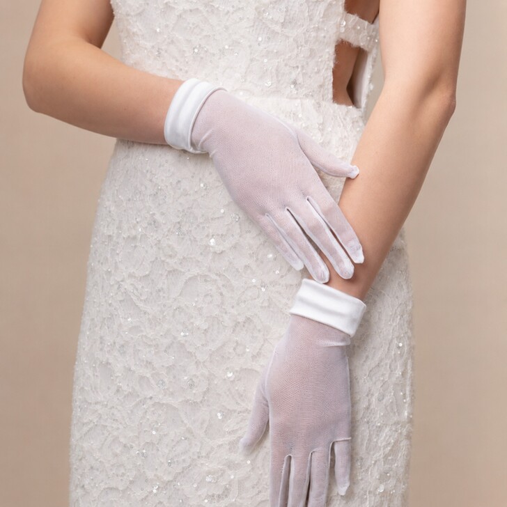 Perfect Bridal Ivory Short Tulle Gloves with Satin Cuff
