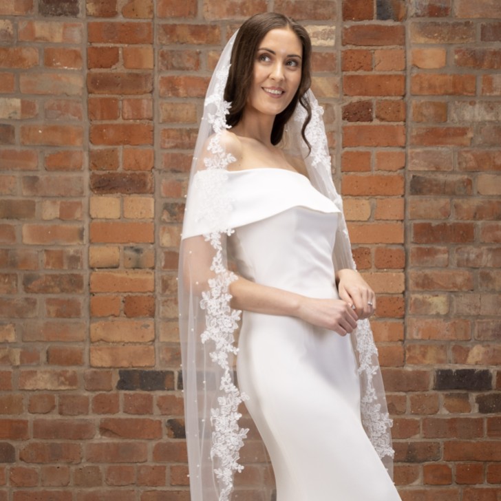 Perfect Bridal Ivory Single Tier Pearl Waltz Length Veil with Floral Lace Edge