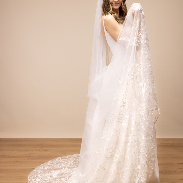 Perfect Bridal Ivory Tulle Cathedral Veil with Ivory Leaf Embroidery 