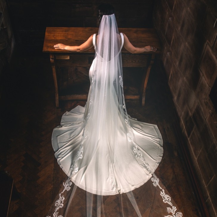 Perfect Bridal Jednopiętrowy welon katedralny z kości słoniowej, ozdobiony koronką