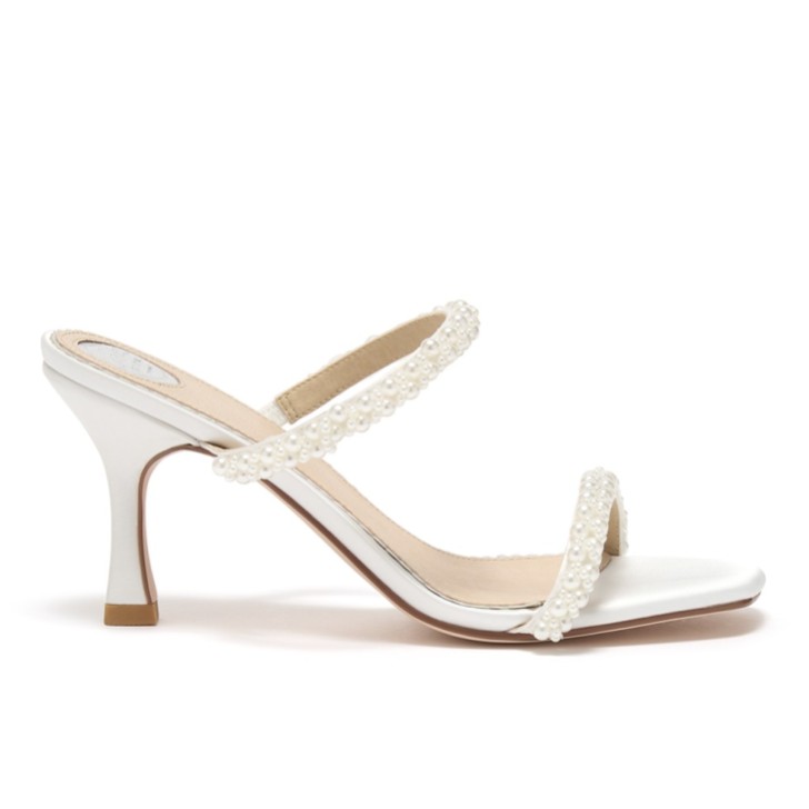 Perfect Bridal Mules de salto alto com tiras em cetim marfim perolado