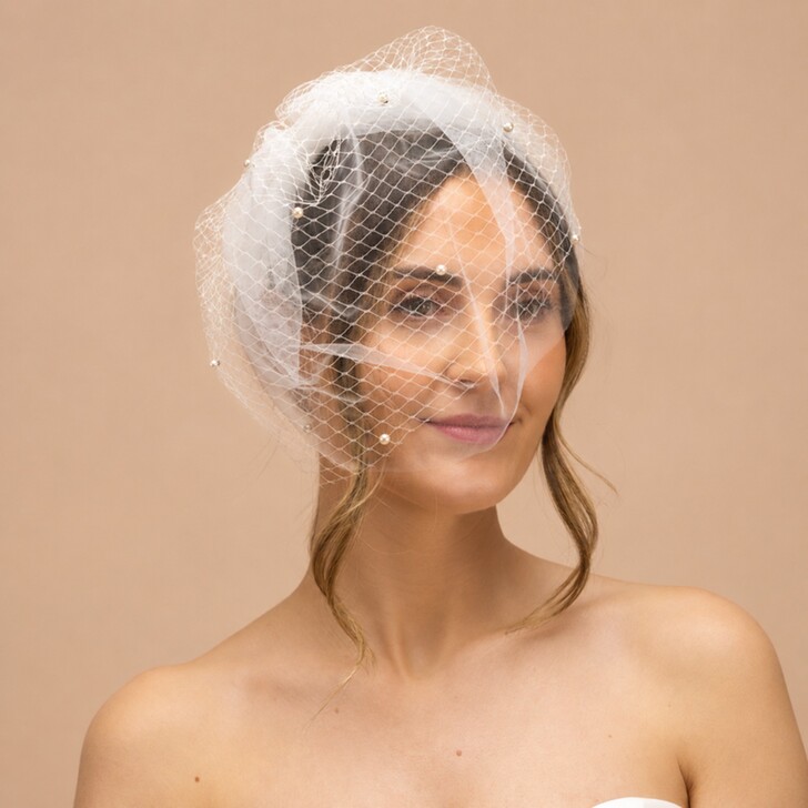 Perfect Bridal Opaska na głowę typu „fascinator” z welonem w kształcie klatki dla ptaków w kolorze kości słoniowej, z perłowymi akcentami
