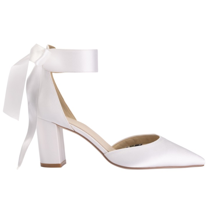 Perfect Bridal Sapatos de salto alto com tiras no tornozelo e laço, em cetim marfim, com salto em bloco (ST12)